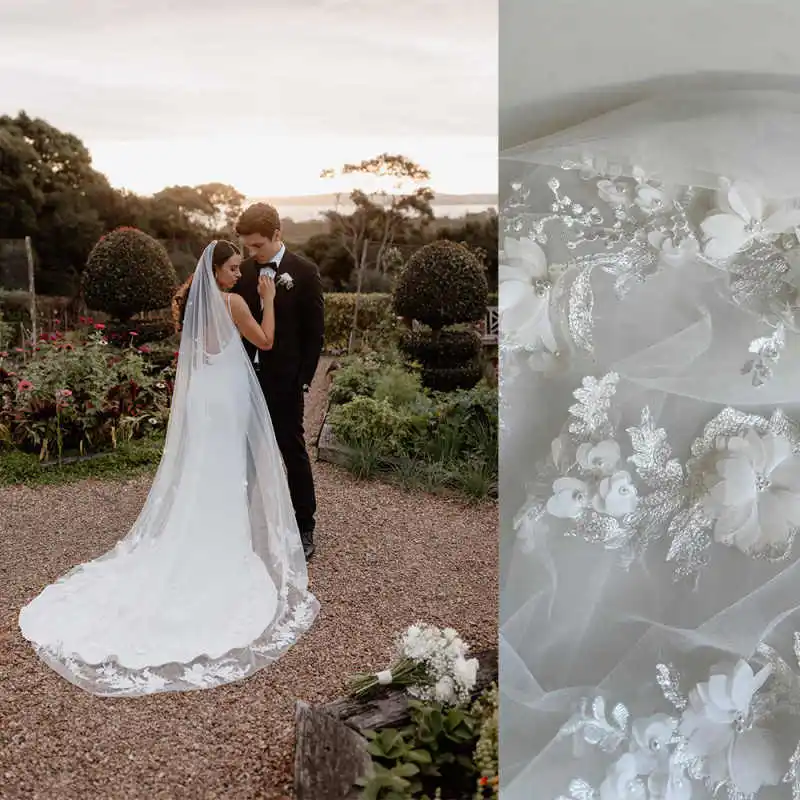 

Простая свадебная фата с 3D аппликациями и цветами, однослойная длинная фата длиной часовни, кружевной край, свадебные аксессуары по индивидуальному заказу, высокое качество