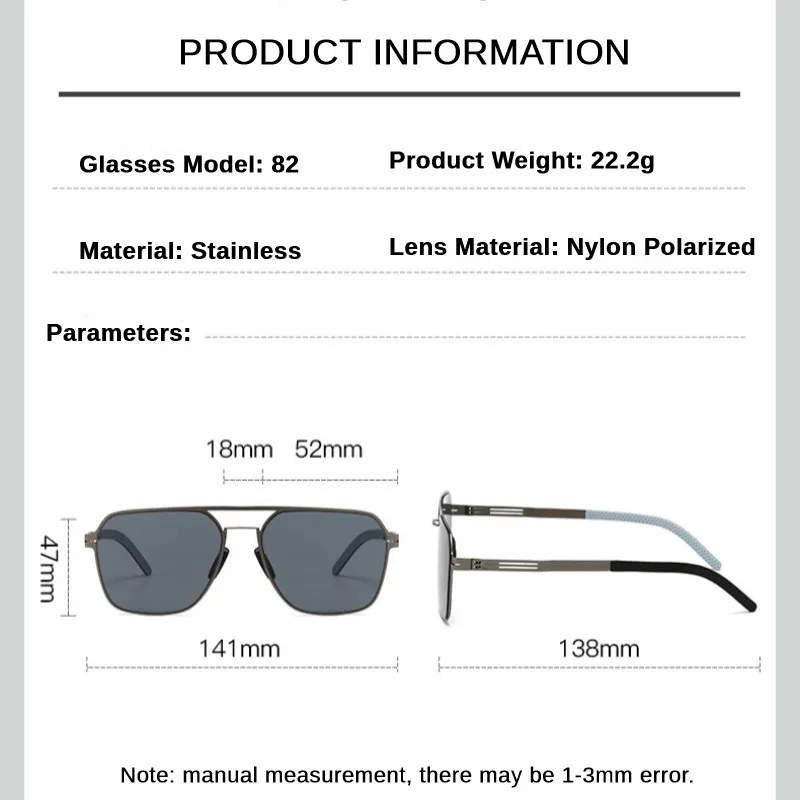 Polarized Sunglasses Ultra Light Stainless Steel Double Beam Screwless Men Outdoor Fishing UV Protective Glasses Male Sunglasses