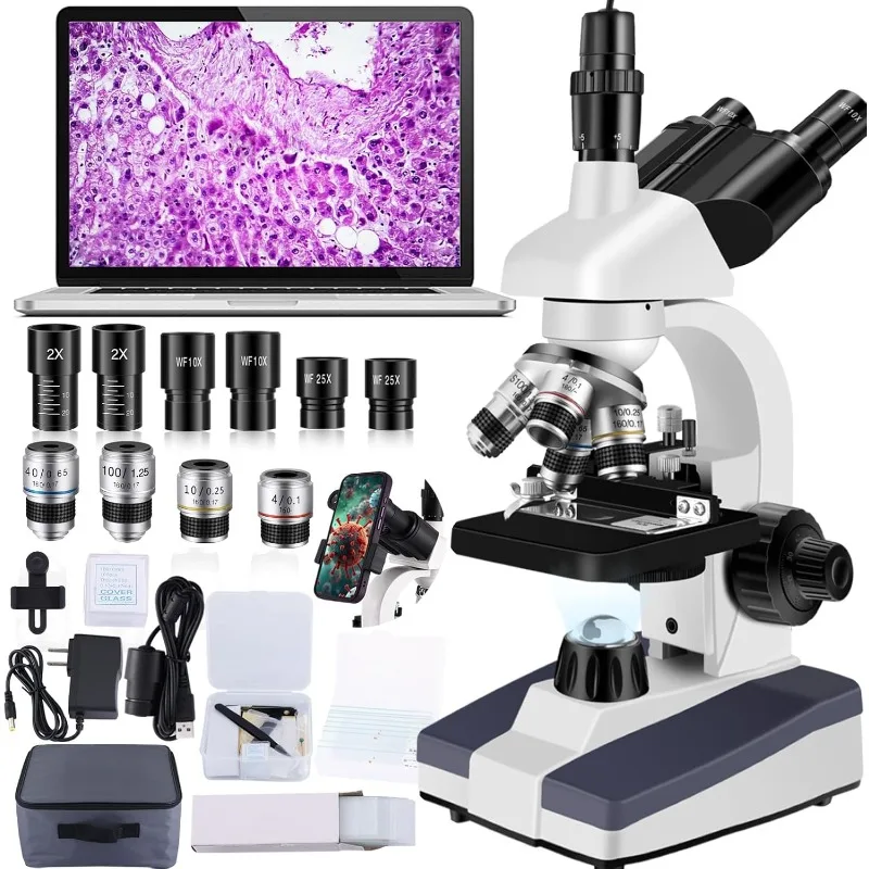 Trinocular Microscope 40X-5000X Magnification, Microscope for Adults, Laboratory Grade with Dual Mechanical Stage and HD USB