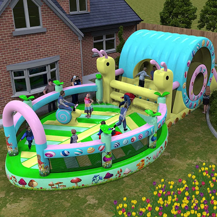 colorful Snail Playground Inflatable Amusement Park with a snail style inflatable climbing slide and farmyard bounce house