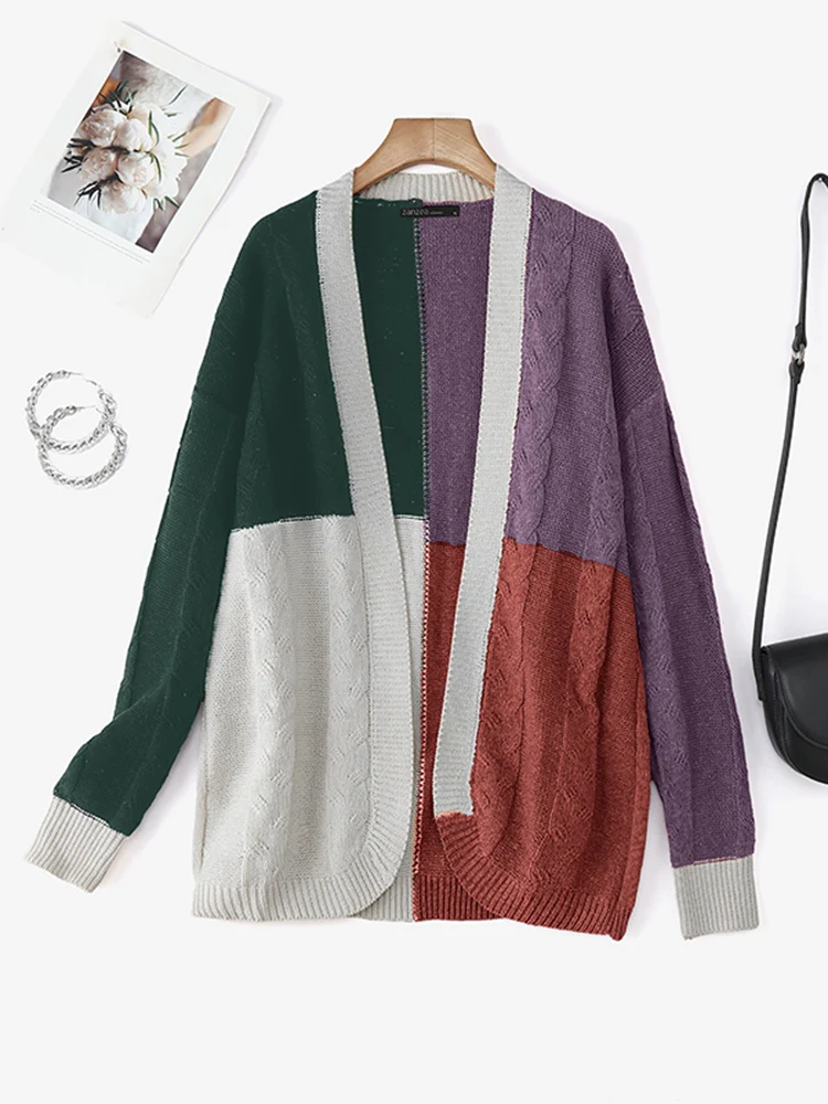 Осенние свитера ZANZEA 2024, зимние теплые длинные кимоно, пальто, женские кардиганы с длинными рукавами и открытой передней частью контрастного цвета, вязаная верхняя одежда