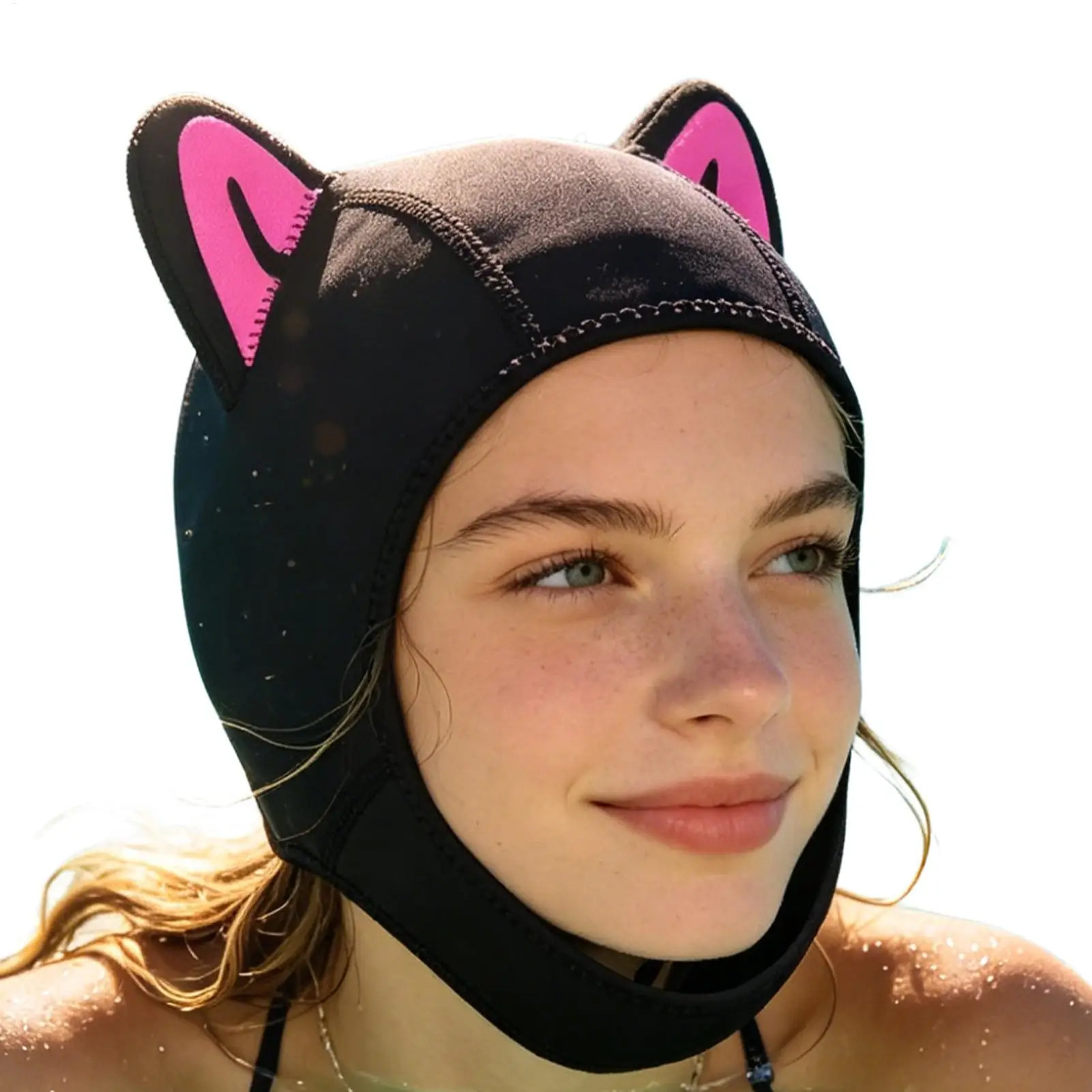 1pc capuz de mergulho com tiras de queixo feminino bonito orelhas de gato chapéu à prova dwaterproof água wetsuit capuz natação mergulho tampas de cabeça de mergulho