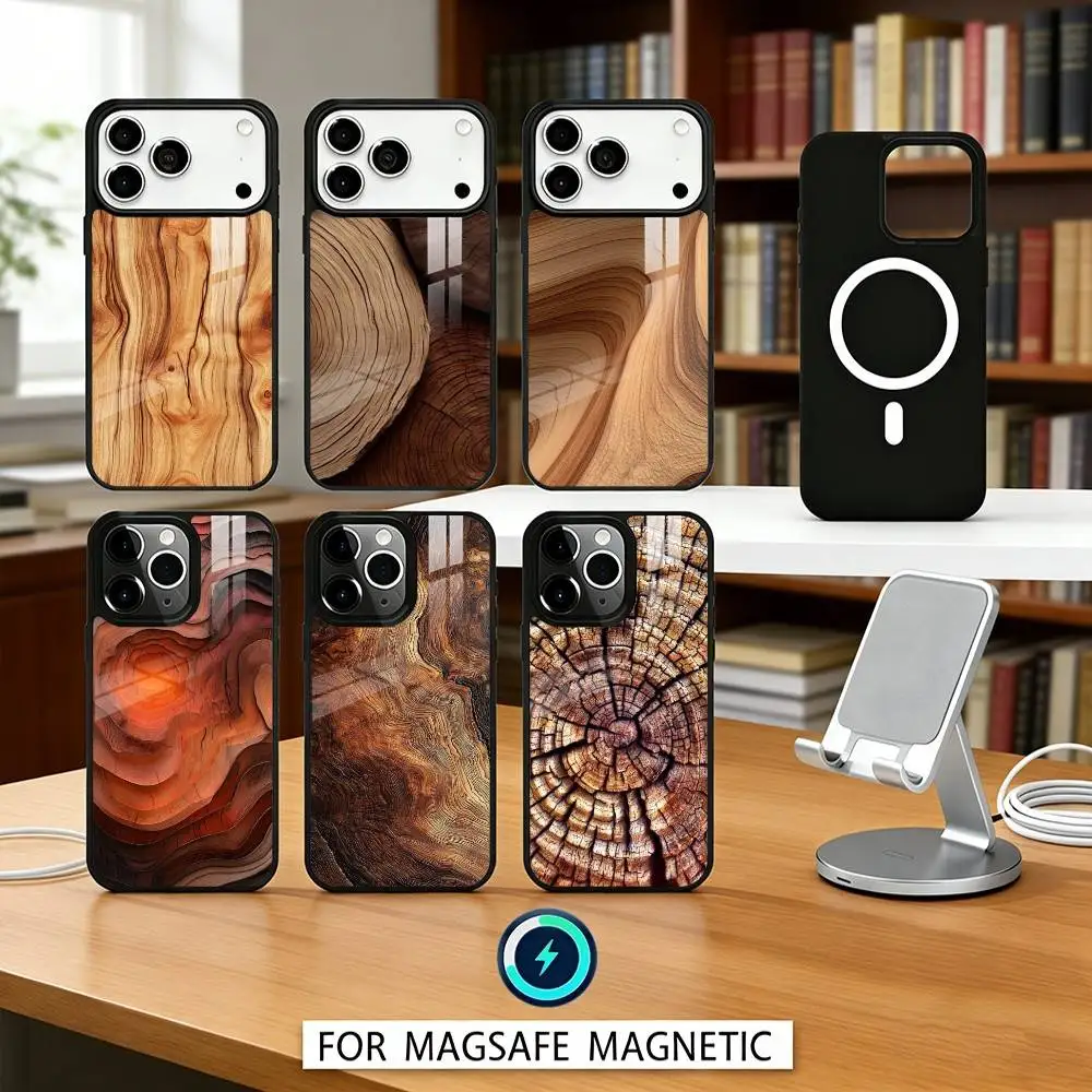 

N-Natural W-Wood G-Grain Art Phone Case Magnetic For iPhone17 16 15 14 13 12 Pro Max For Magsafe Wireless Charging Cover