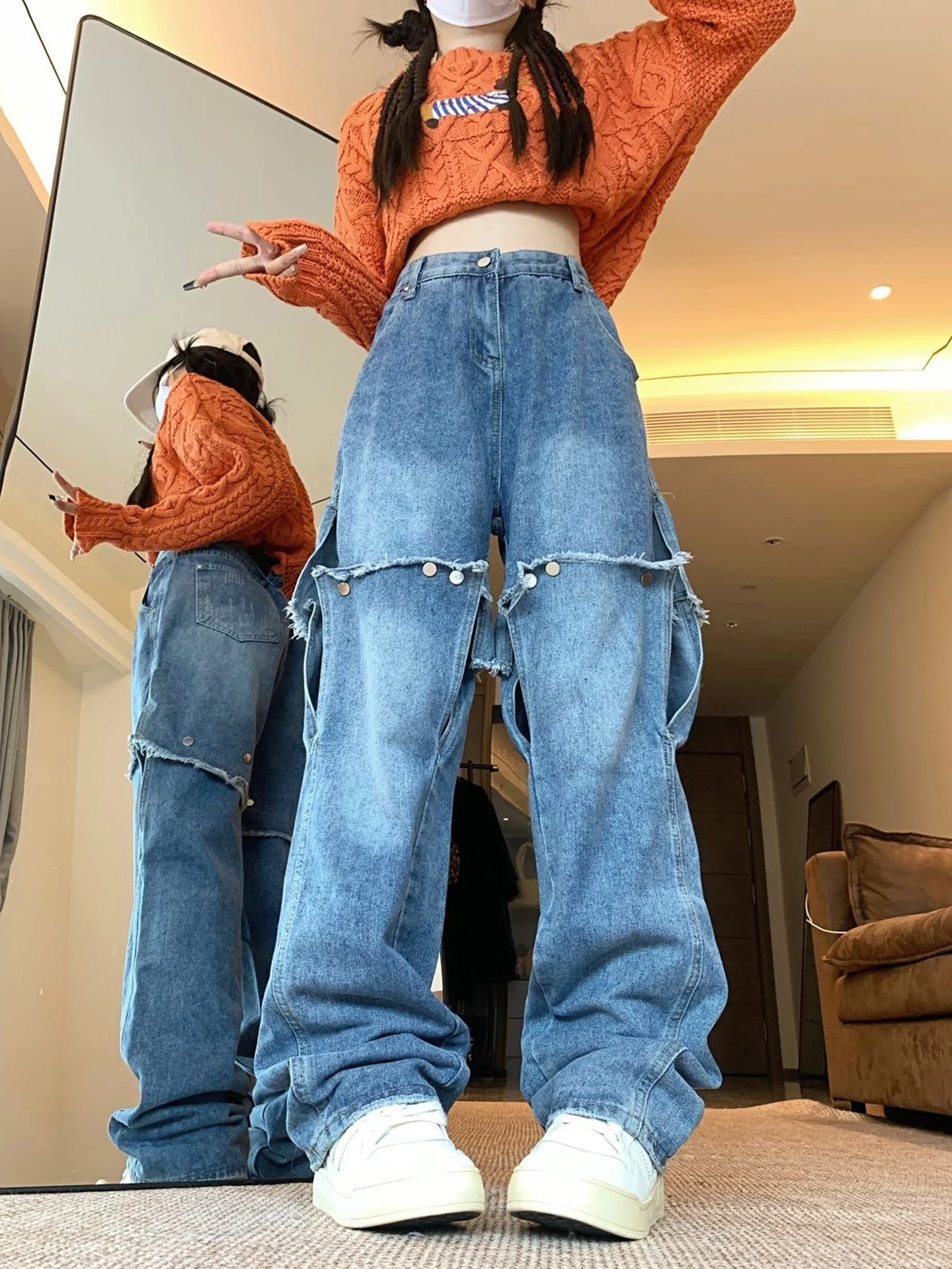 American Style Retro Detachable Sequin Design Personalized Button Splicing Adjustable Women's Straight Leg Wide Leg Jeans