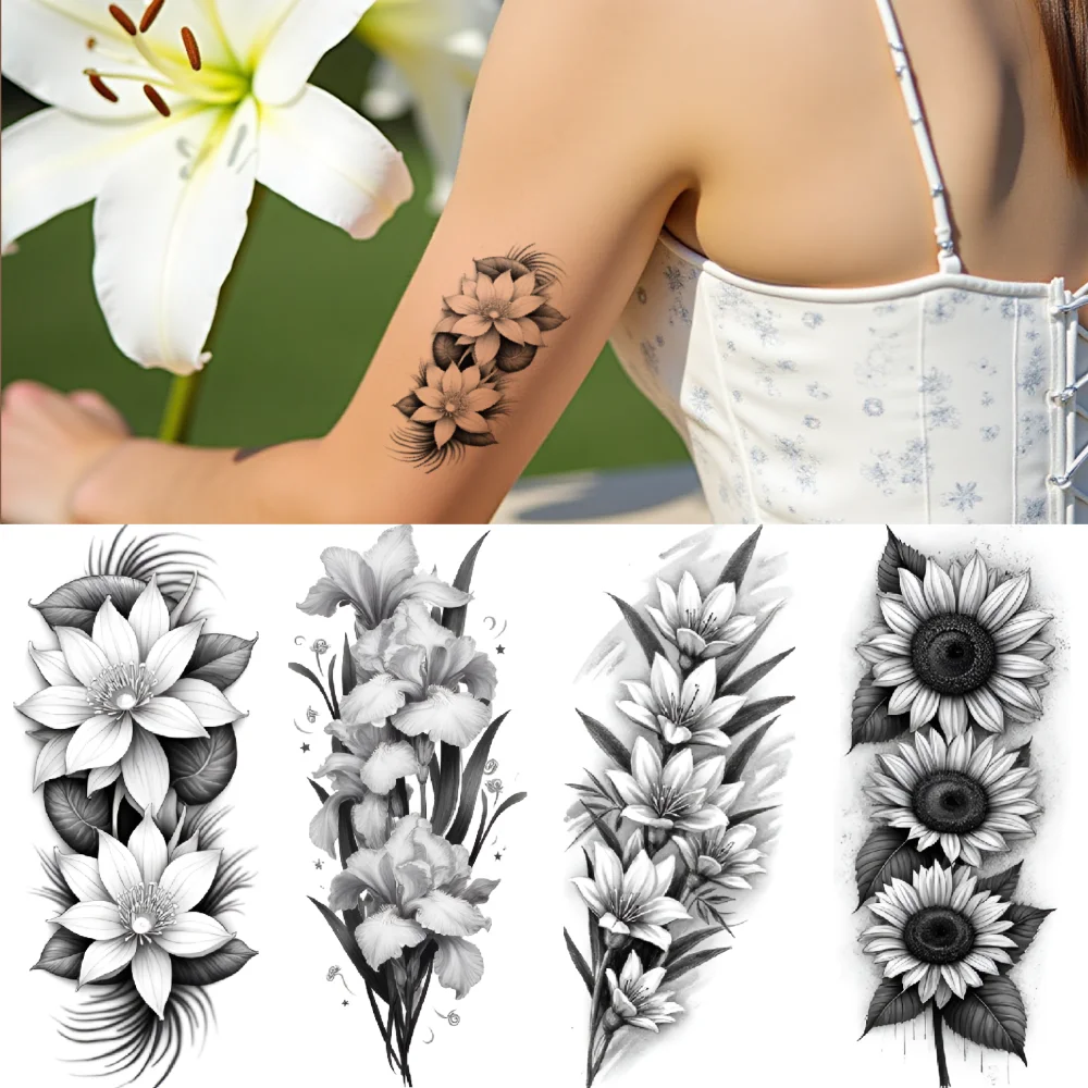 

12pcs Temporary Tattoo Black And Grey Realism Sunflowers Magnolia Hibiscus For Adult Shoulders Male