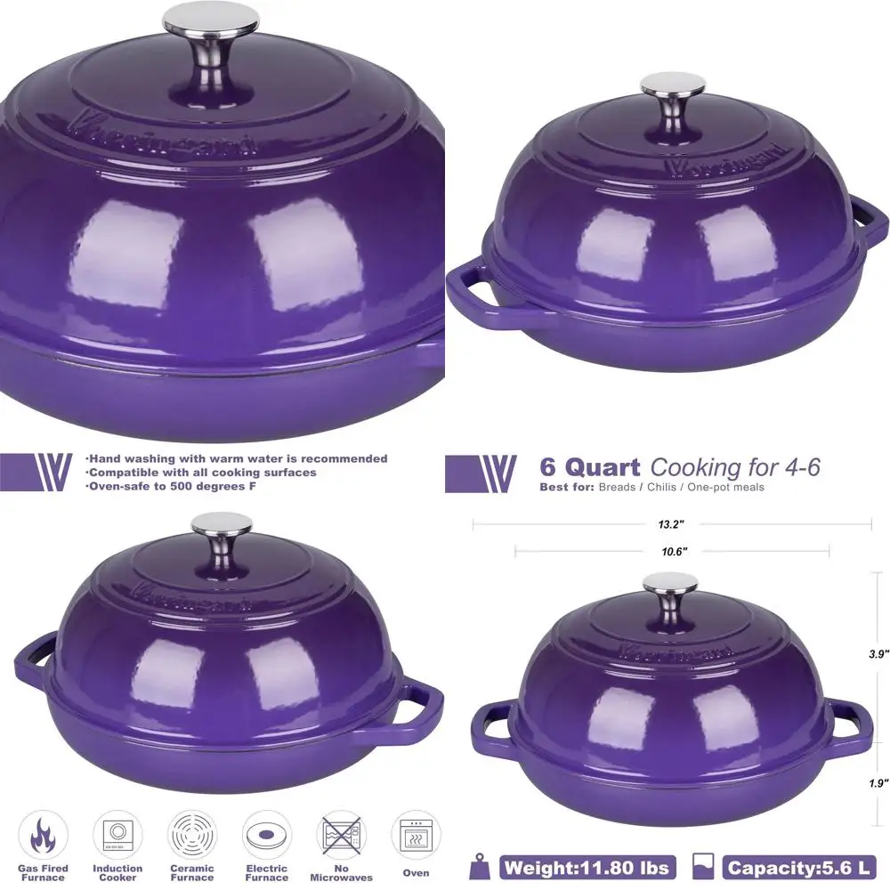 

6 Quart Purple Enamel Cast Iron Dutch Oven Pot with Lid, Perfect for Sourdough Bread Baking and Proofing