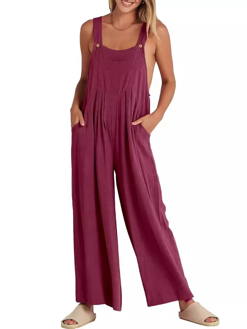 Mono holgado informal de Color puro para mujer, pantalones de pierna ancha, pantalones largos de cintura alta, traje cómodo de una pieza