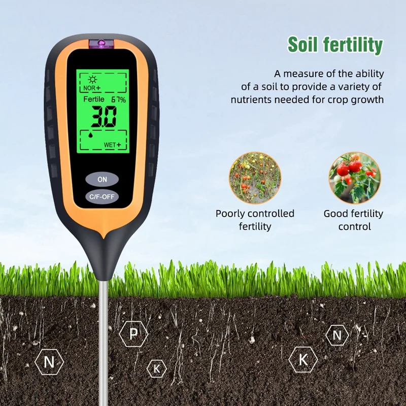 HLZS-6In1 Soil PH Meter Fertility Soil Moisture Sunlight Ambient Humidity Temp Tester Monitor Detector Garden Soli Analyzer