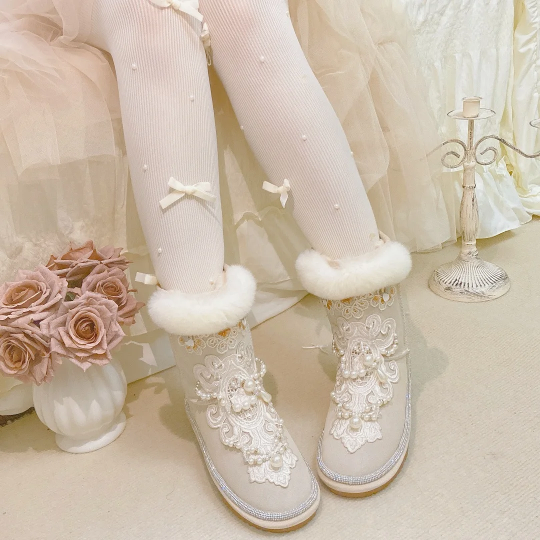 

2025 Winter New Thickened Warm Mid-Calf Snow Boots Fashion Non-Slip Heavy Craft Diamond-Studded Japanese Short Boots for Girls
