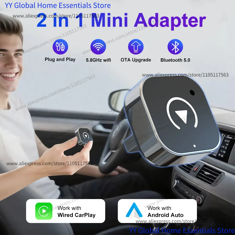 2026 2 in1 CarPlay/Android Auto Adapter Wired to Wireless Dongle for Apple & Android Plug and Play Universal Car Accessory Newest