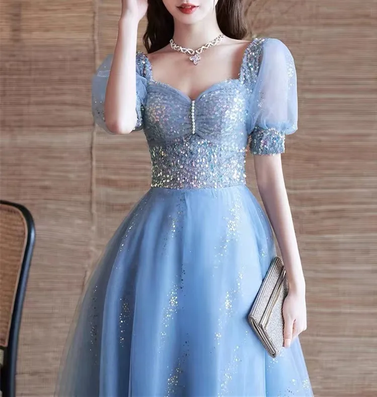 

Square Collar Evening Dress Sweetheart A Line Bling Blue Puff Sleeve Appliques Party Ball Gowns Elegant Bandage Vestido De Festa