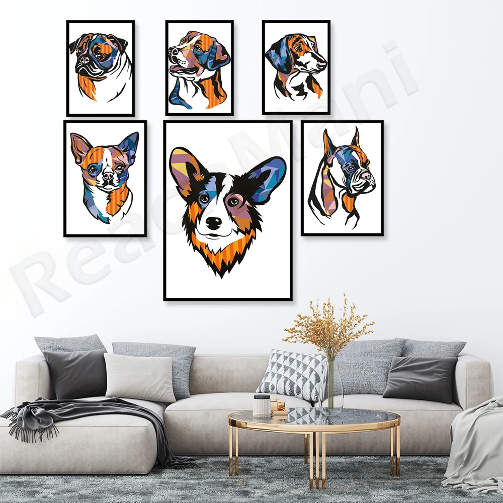 Doberman, Airedale, Beagle, Corgi, Labrador, Chihuahua, Pug, St. Bernard, King Charles multicolor abstract colorful dog poster