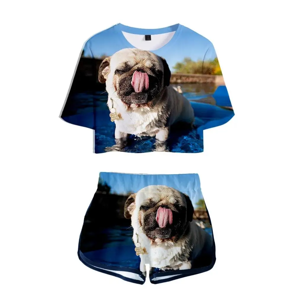 Summer 3D Pug Exposed Navel T-shirt+Shorts Women's Two-piece Sets Fashion Animal Dog Casual Girl's Yellow+White Two-piece Sets