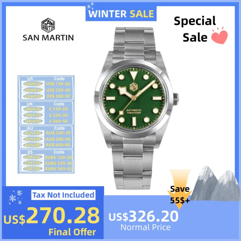 San Martin 36mm Explore Mechanical Watch For Men Watches Relogio Automático Sapphire Sport Snowflake Luminous 10Bar SN0021B-3