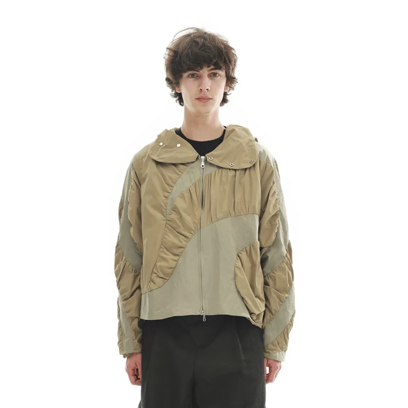 HKSH Autumn Winter New Men Tide Chic Ins Pleated Jacket Deconstructed Silhouette Structured Lines Patchwork Hooded Coats HK27842