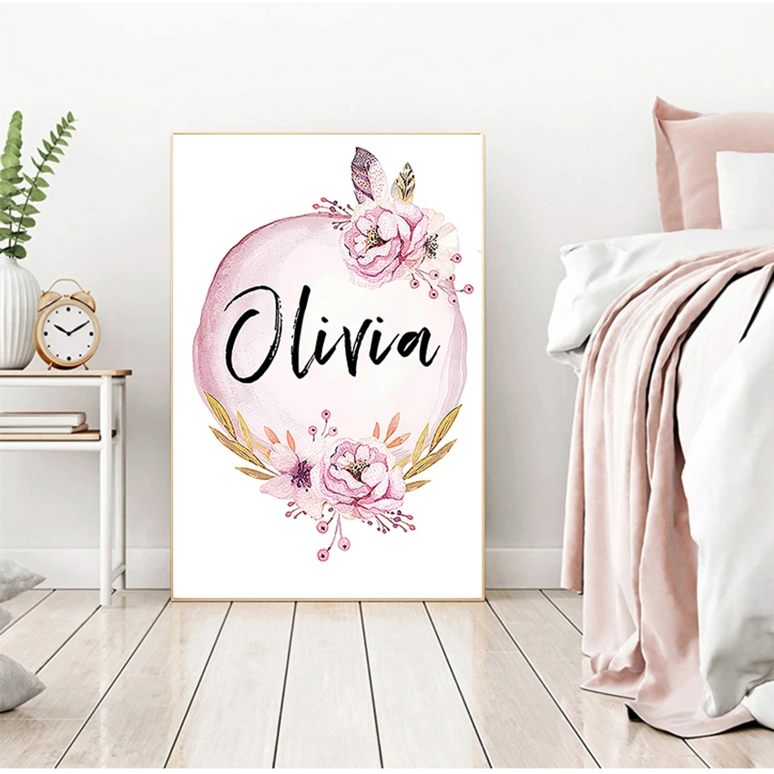 Kunst Kindergarten Drucke Wand Malerei Kinder Schlafzimmer Dekor Benutzerdefinierte Mädchen Name Baby Poster Pfingstrose Bilder Blumen Leinwand Malerei Wand