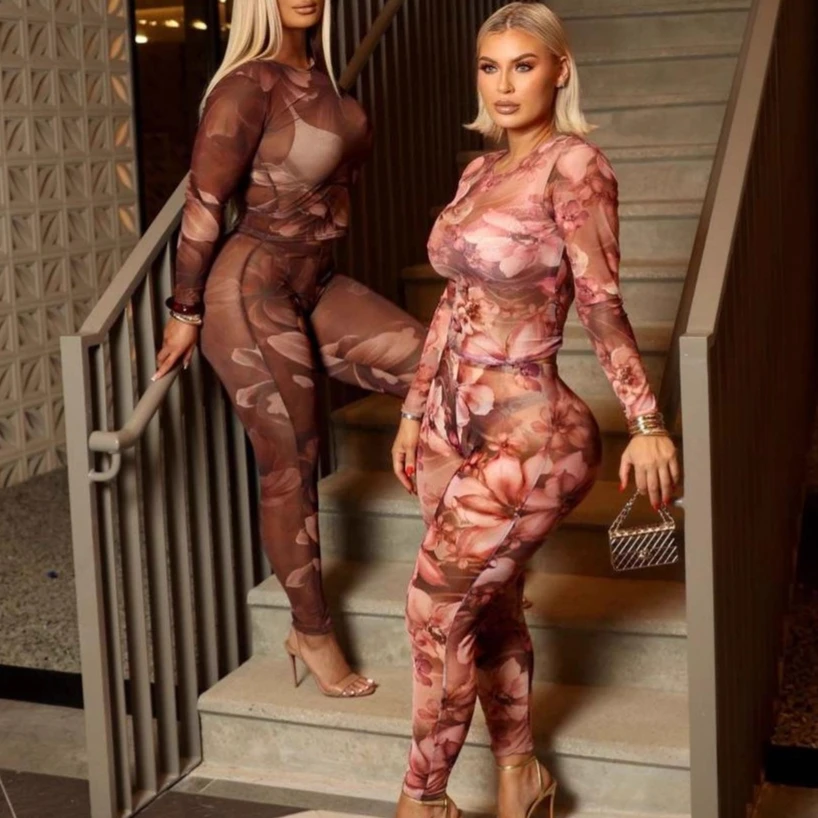 

HLJ Sexy Mesh See Through Bodycon Jumpsuits Woman Floral Printting Round Neck Long Sleeve Rompers Female Streetwear Overalls New