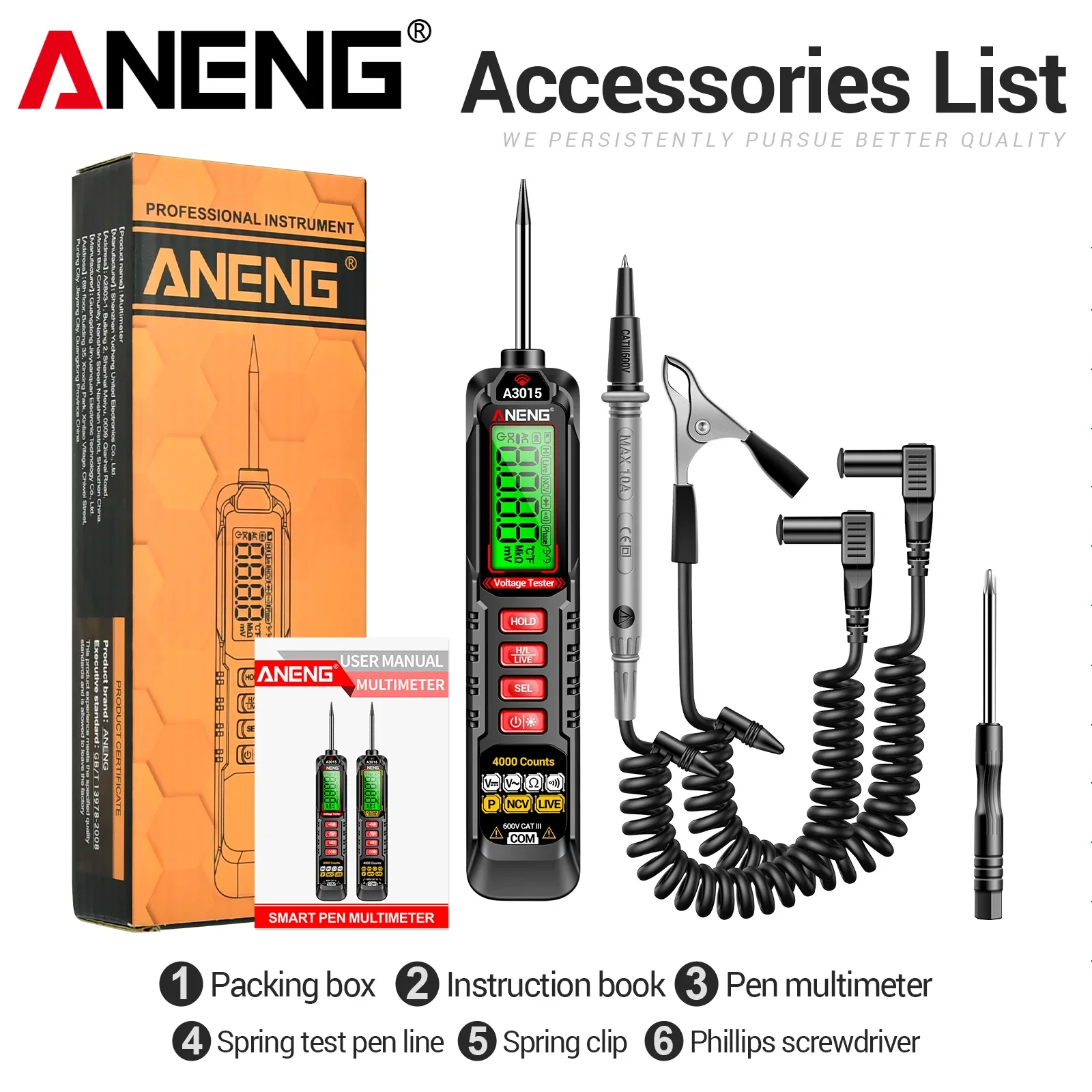 ANENG A3015 Pen Multimeter 4000 Counts NCV Live Wire Phase Break Tester AC DC Voltage Resistance Continuity Electrician Test Pen