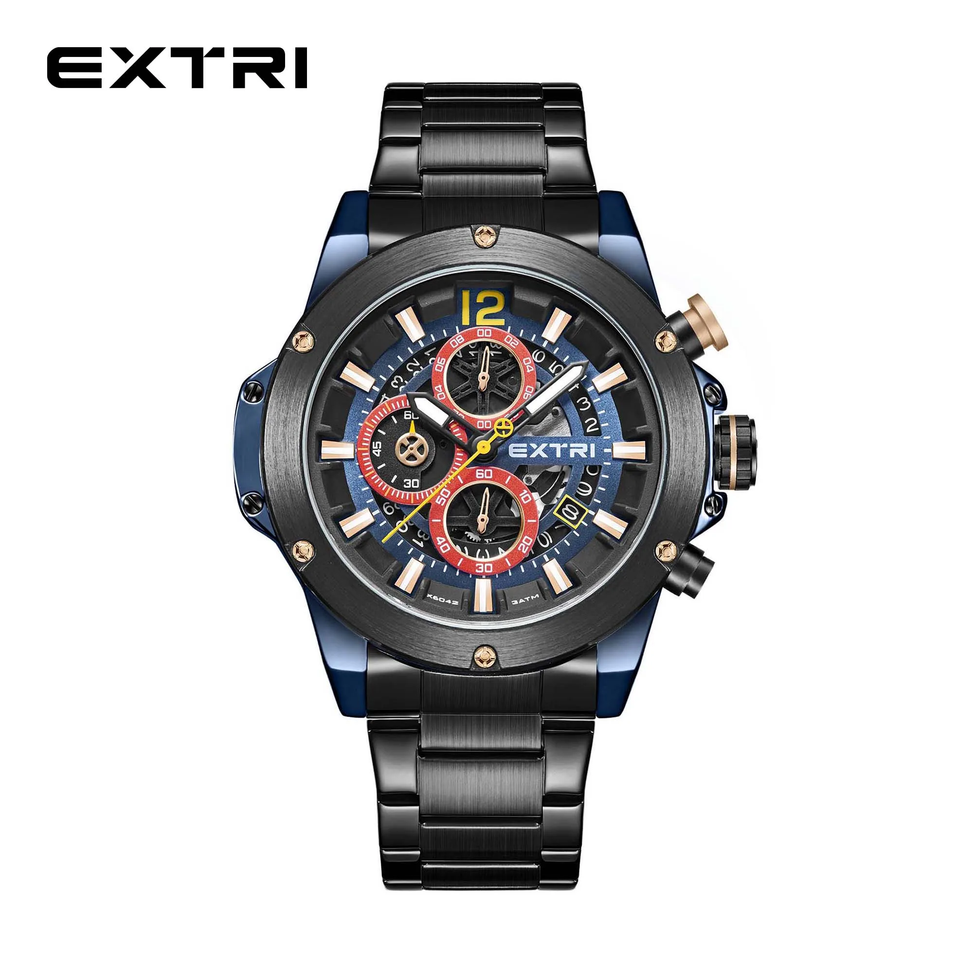 

Extri Fashion Watch Men Blue Case with Date High Quality Male Chrono Quartz Dress Waterproof Stainless Steel Watch 2023 New