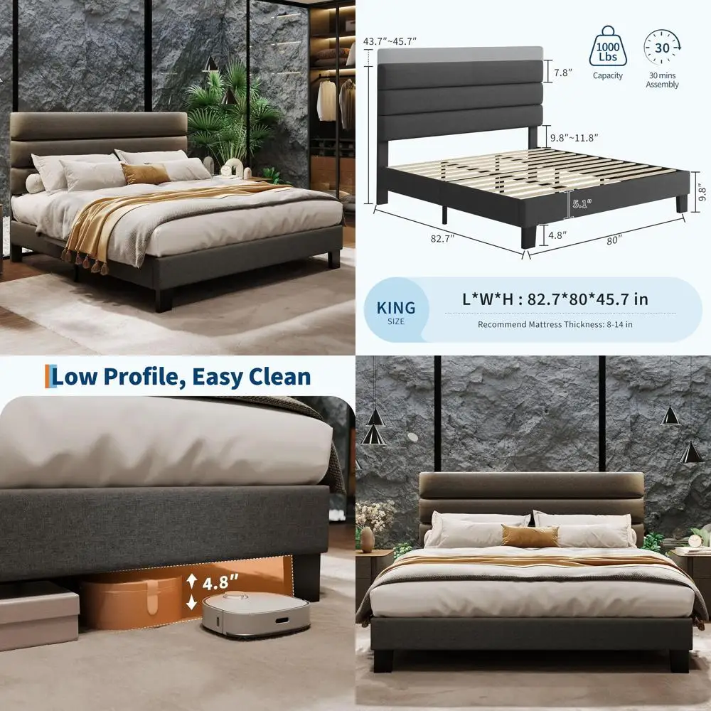 

Регулируемая кровать King Size с льняной обивкой, деревянным ламельным основанием, прочной платформенной подставкой, без необходимости использования пружинного блока, простая сборка.