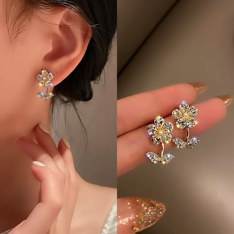 Neues Design Süße Strass-Blumen-Ohrstecker für Frauen Elegante Imitationsperlen-Kristall-Zirkon-Ohrringe Koreanischer Partyschmuck – Detail 7
