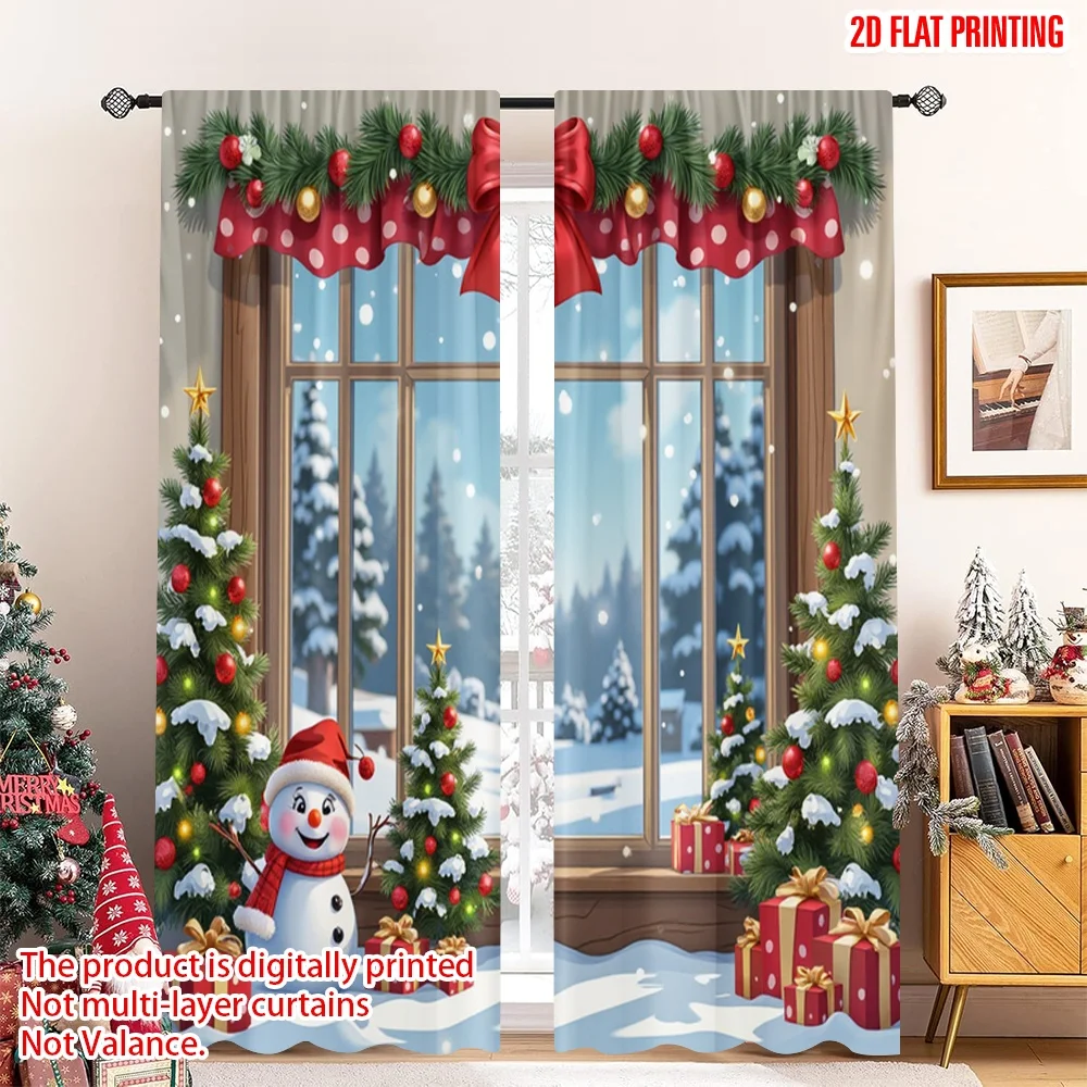 

2pcs 2D flat printing Christmas Scene Curtain Christmas Snowman Winter Scene 100% Polyester Without Electricity Holiday
