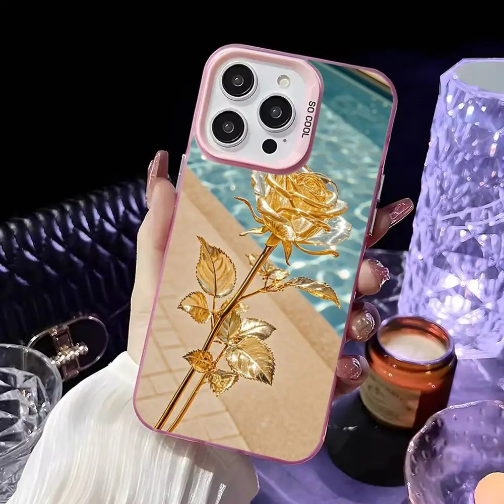 Piękne, eleganckie, złote etui na telefon w kształcie róży do iPhone'a 16, 15, 14, 13, 12, 11, Mini, Pro, MAX, różowe, matowe, odporne na wstrząsy.