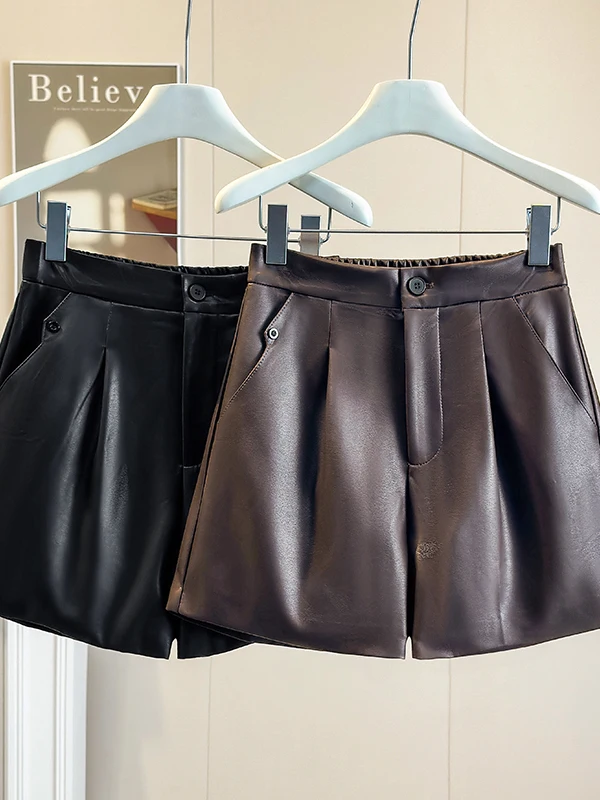 High Waist Black PU Leather American Style Women's Pants Autumn Winter Wide Leg Casual Short Trousers Bodycon Boot Pants