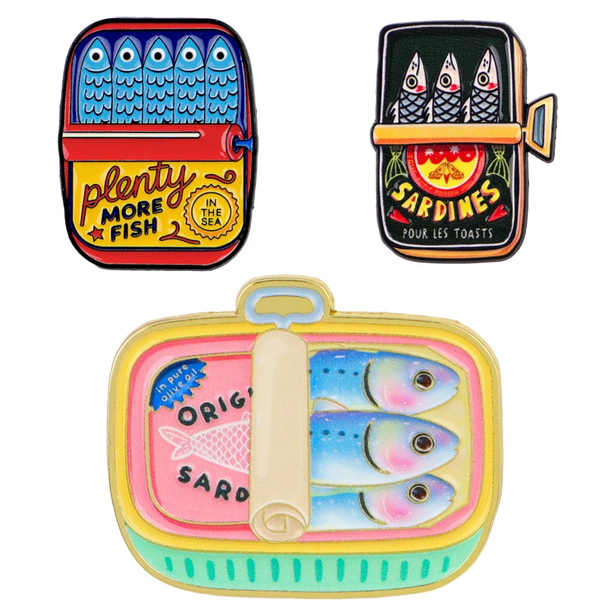 3 pzas. de broches de esmalte de sardinas enlatadas, insignias de solapa de pez marino de dibujos animados para mochila, accesorios de ropa, regalos de joyería de moda