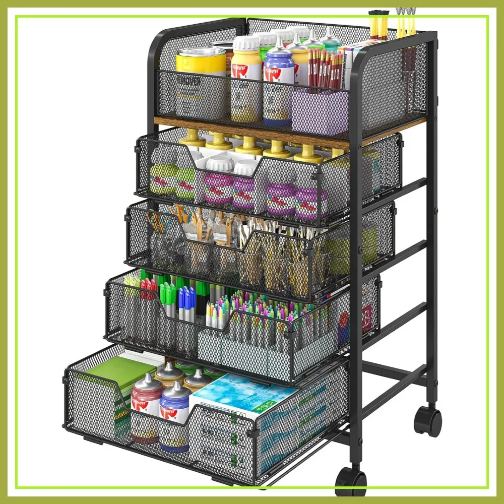 

5-Tier Rolling Craft Cart with Drawers, Utility Storage Organizer, Black