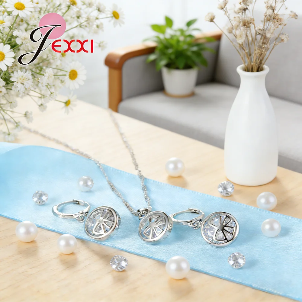 Cubic Zirconia Pretty Necklace Earrings 925 Sterling Silver Cute Pendant Jewelry Sets Collier Girl Bijoux Jewelry Set