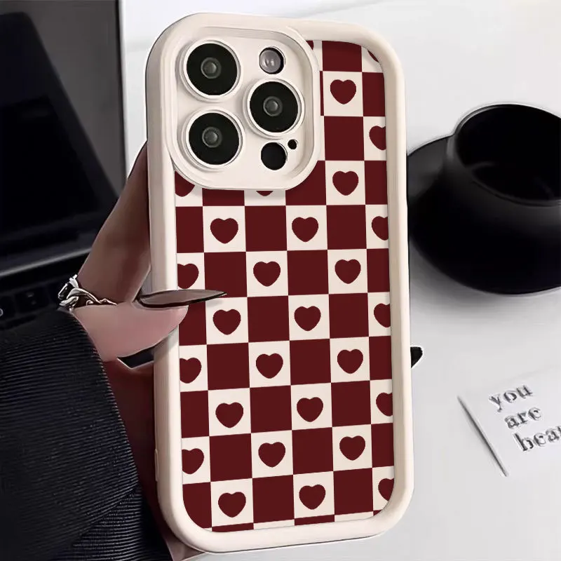 Cute Love Heart lattice Silicone Phone Case For iPhone 15 14 13 12 11 Pro Max XS XR X 7 8 Plus SE Bumper Soft Protectiou cover