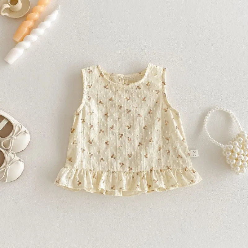 

2Pcs Girls Sleeveless Thin style Outfit Korean Style Baby Kids Summer Floral Sleeveless Vest & Pant Set