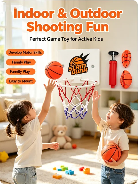 No Drill Wall Mount Mini Basketball Hoop Set, Indoor & Outdoor Kids Shooting Toy, Comes with 2 Mini Basketballs & Air Pump, Pare