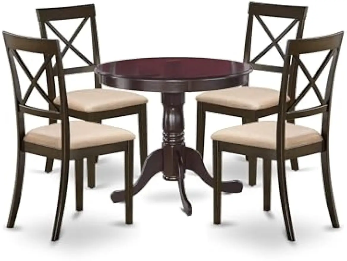 ANBO5-CAP-C 5 Piece Kitchen Table Set for 4 Includes a Round Dining Room Table and 4 Linen Fabric Upholstered Dining Chairs