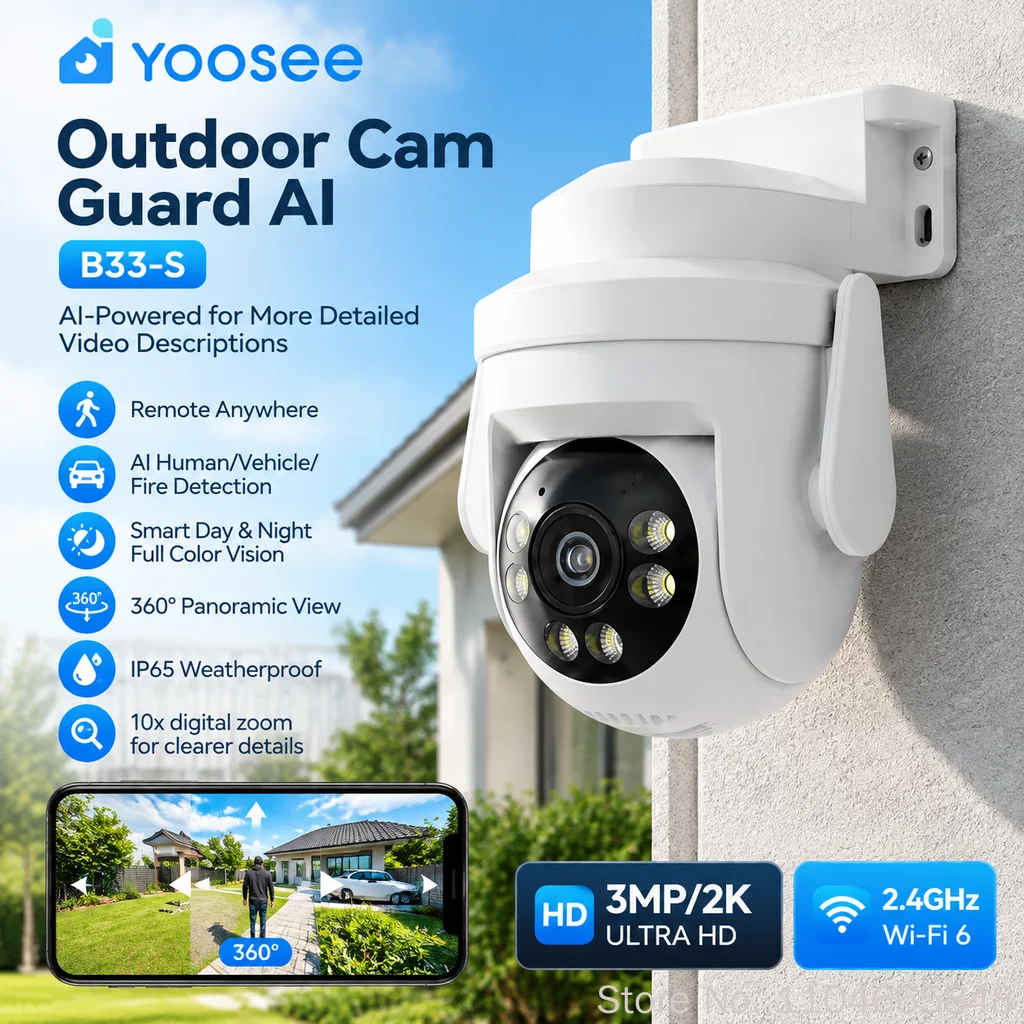 Yoosee B33-S Outdoor IP Camera 2K 3MP WiFi6 360 Panoramic Two-Way Audio AI Human Vehicle Fire Detection Waterproof Security Cam