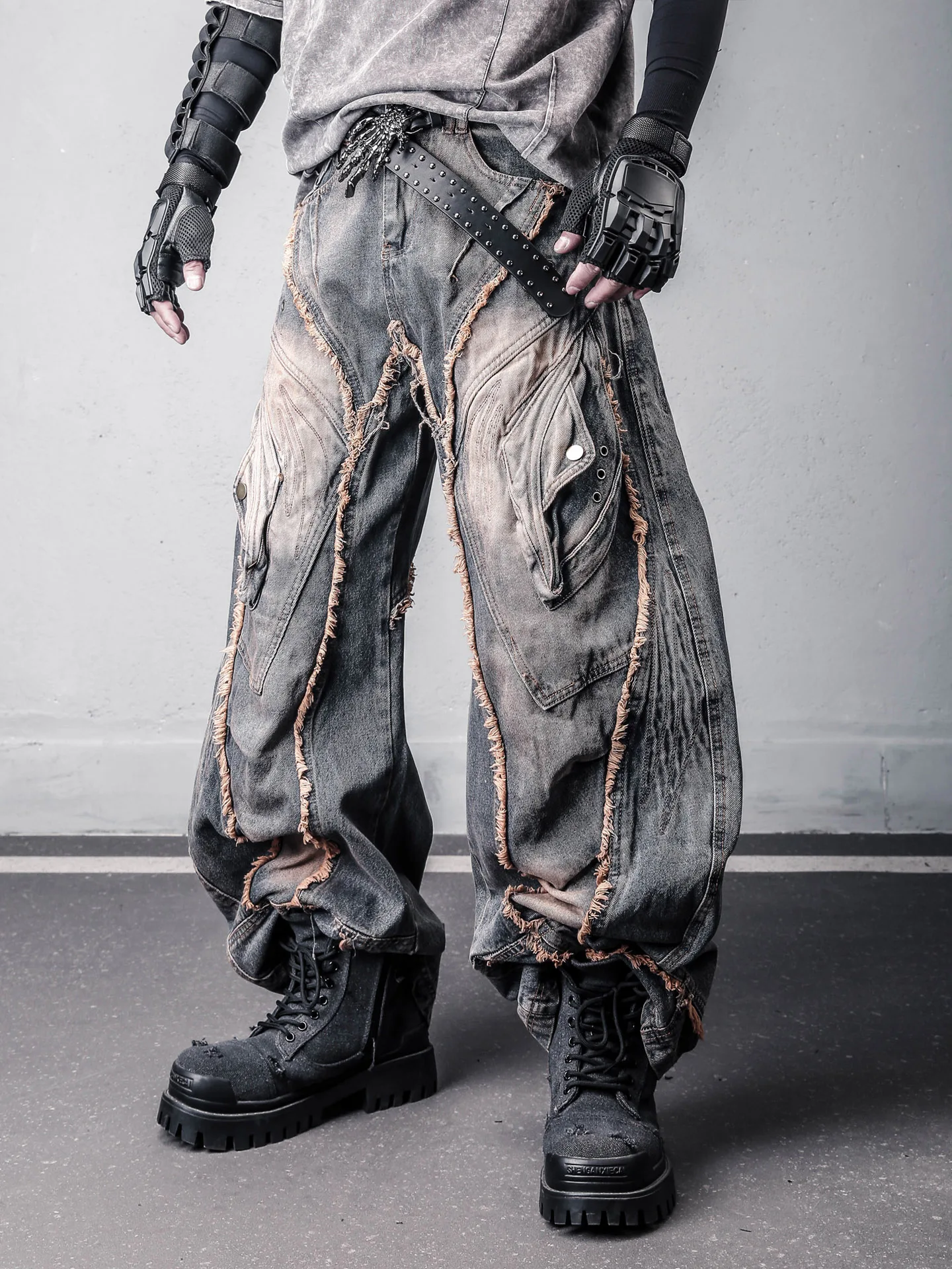 Dark Heavy Industry Style Men's Jeans Wide Leg Patchwork Frayed Color Block Knife  Distressed Denim Pants Casual Loose Fit