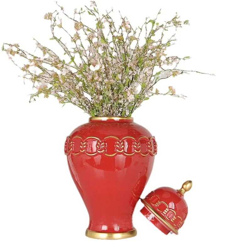Red Ceramic General Jar Vintage Ginger Jar Porcelain Handicrafts Storage Tank Flower Vase Home Decoration Accessories