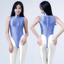AMORESY-High-Leg Back-Zip Swimsuit Leotard, Shiny Glossy Tights, One Piece Swimwear