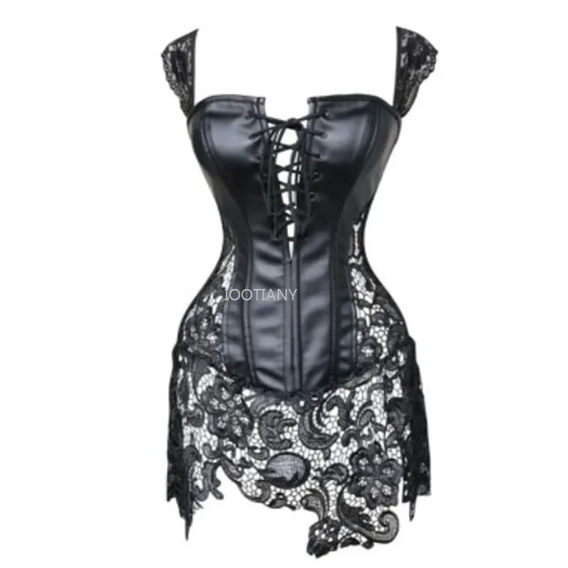 

New Women Sexy Corselet Gothic Bustier Corset Pu Imitation Leather Black Corset Steampunk Lace Lady Leather Tummy Tuck Top