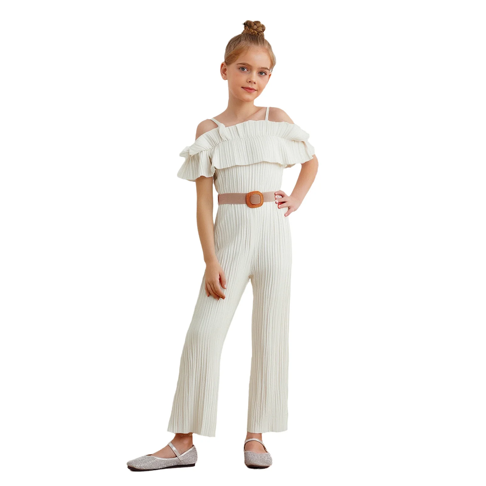 

Kids Girls Jumpsuit Off-Shoulder Spaghetti Straps Ruffle Ribbed Texture Rompers with Belt for Birthday Party Wedding Beachwear