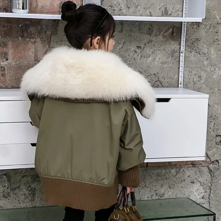 Winter New Children\'s Fur Coat Big Fox Fur CollarRex Rabbit Hair Inner Parkas Overcoat Thicker Warm Jackets For Boys Girls A3108