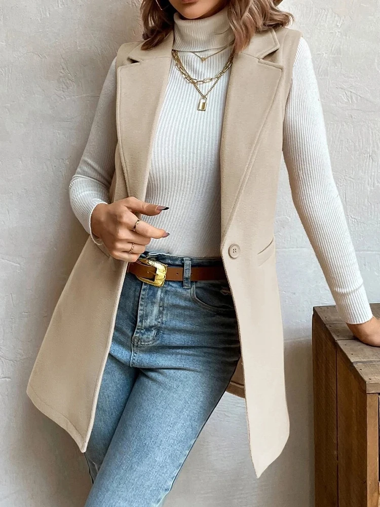 

Women Elegant Vest Woolen Coat Fashion Sleeveless Blazer Vest Casual Lapel Blazer Office Single Breasted Pocket Suit Coat Autumn