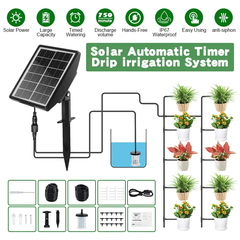 

Solar Irrigation Kit, Automatic Drip Irrigation System,DIY Watering Device With Timer/Anti-Siphon/Water Sensor,Supported 15 Pots