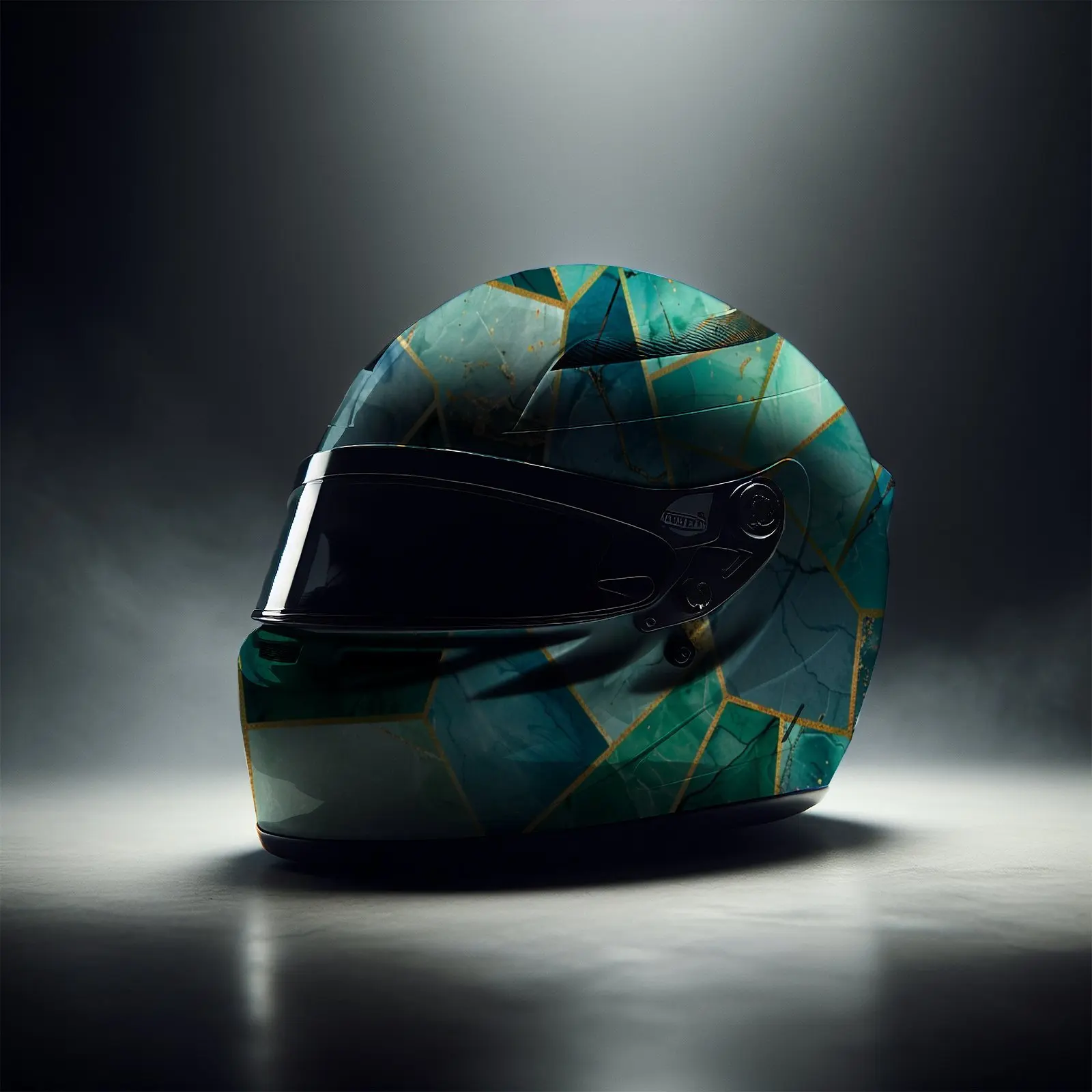 Grün-goldene geometrische PVC-Motorradhelm-Vinylfolie, selbstklebender wasserdichter Aufkleber, kratzfeste dekorative Folie für Full F