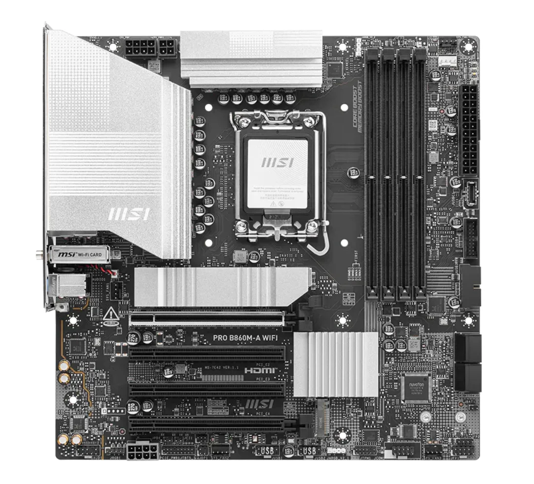 MSI PRO B860M-A WIFI Micro-ATX Motherboard Intel B860 Chipset, LGA 1851 DDR5  PCIe 5.0 WiFi 7, 2.5G Ethernet for Desktop