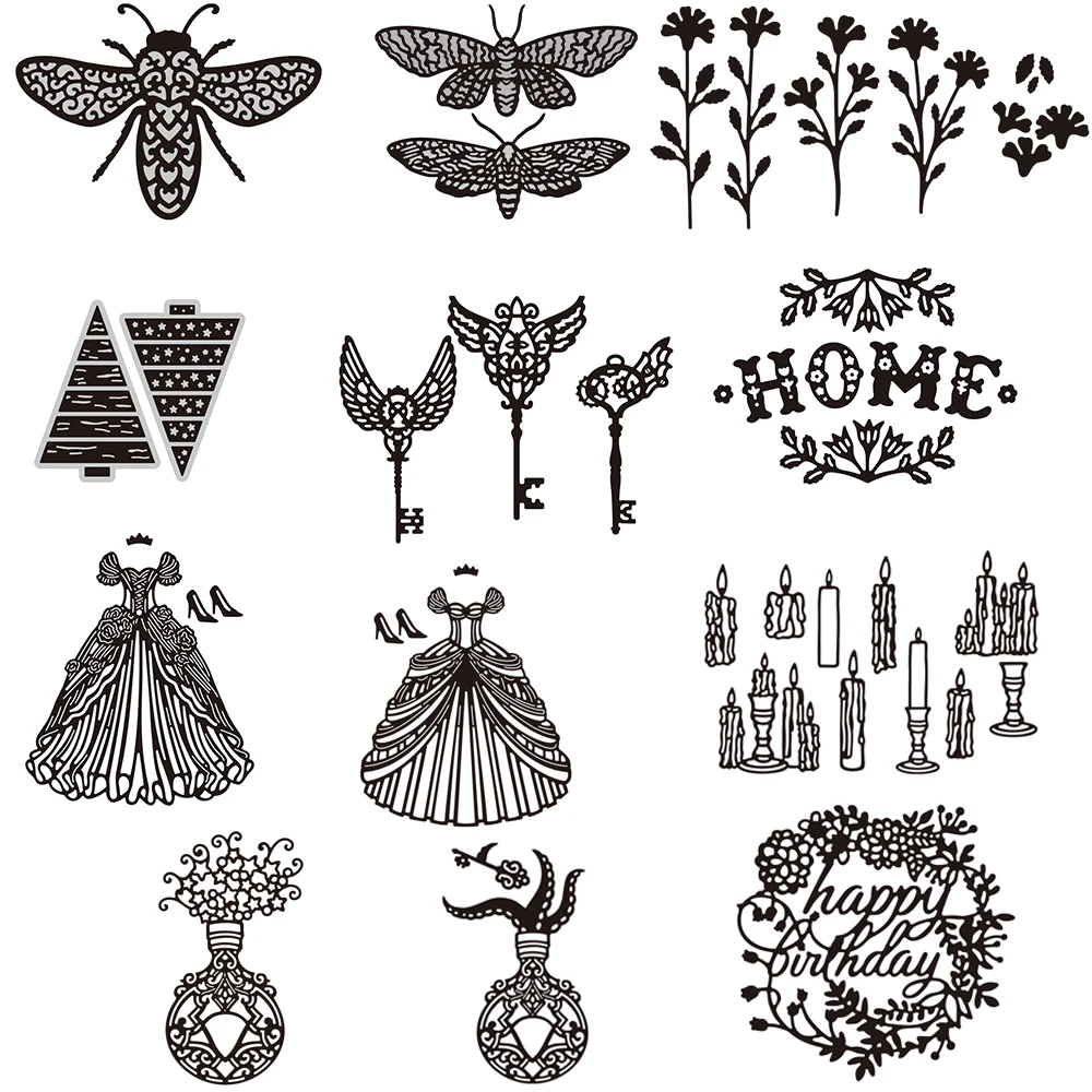 

Insects Princess Dress Vase Metal Cutting Dies Home Happy Birthday Words Diecut for Scrapbooking DIY Album Paper Card Making New