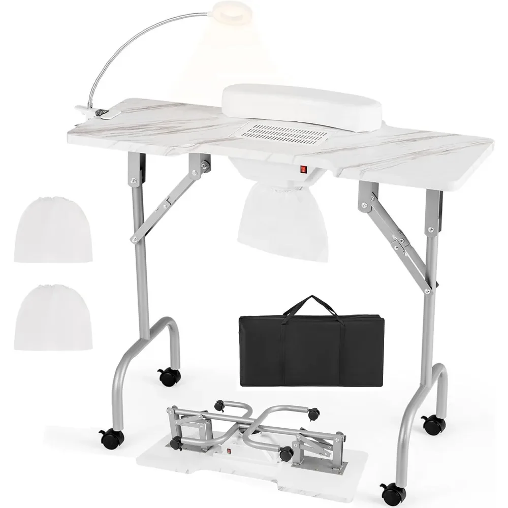 

Foldable Nail Desk - Manicure Table with Built-in Dust Collector Fan, Adjustable LED Lamp, Client Wrist Pad, 4 Lockable Wheels