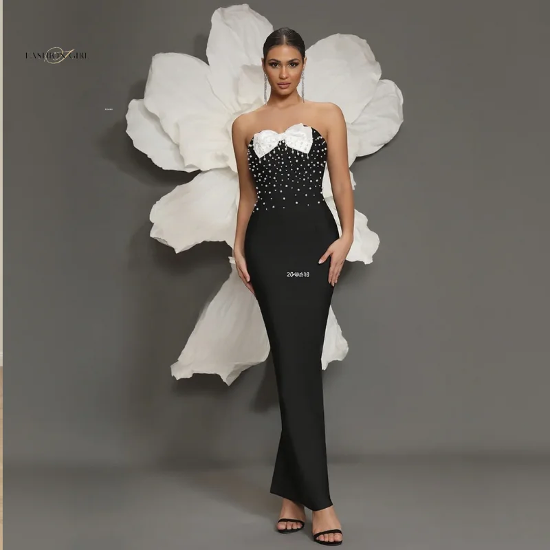 

Черное бальное платье без бретелек в форме трубы по индивидуальному заказу с жемчужным бантом и вечернее платье длиной до щиколотки