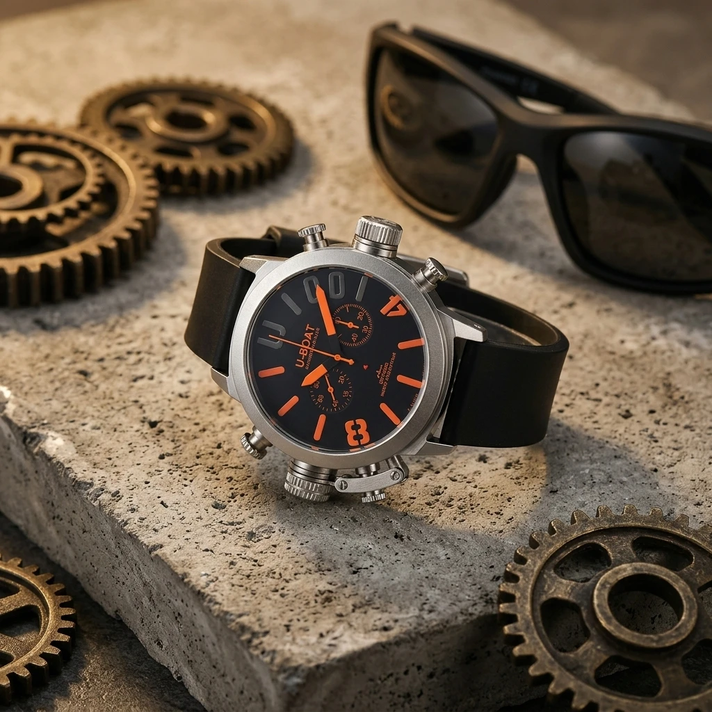 U-BOAT Men's Quartz Chronograph Watch 44mm Stainless Steel Case Silicone Band 1001M Waterproof